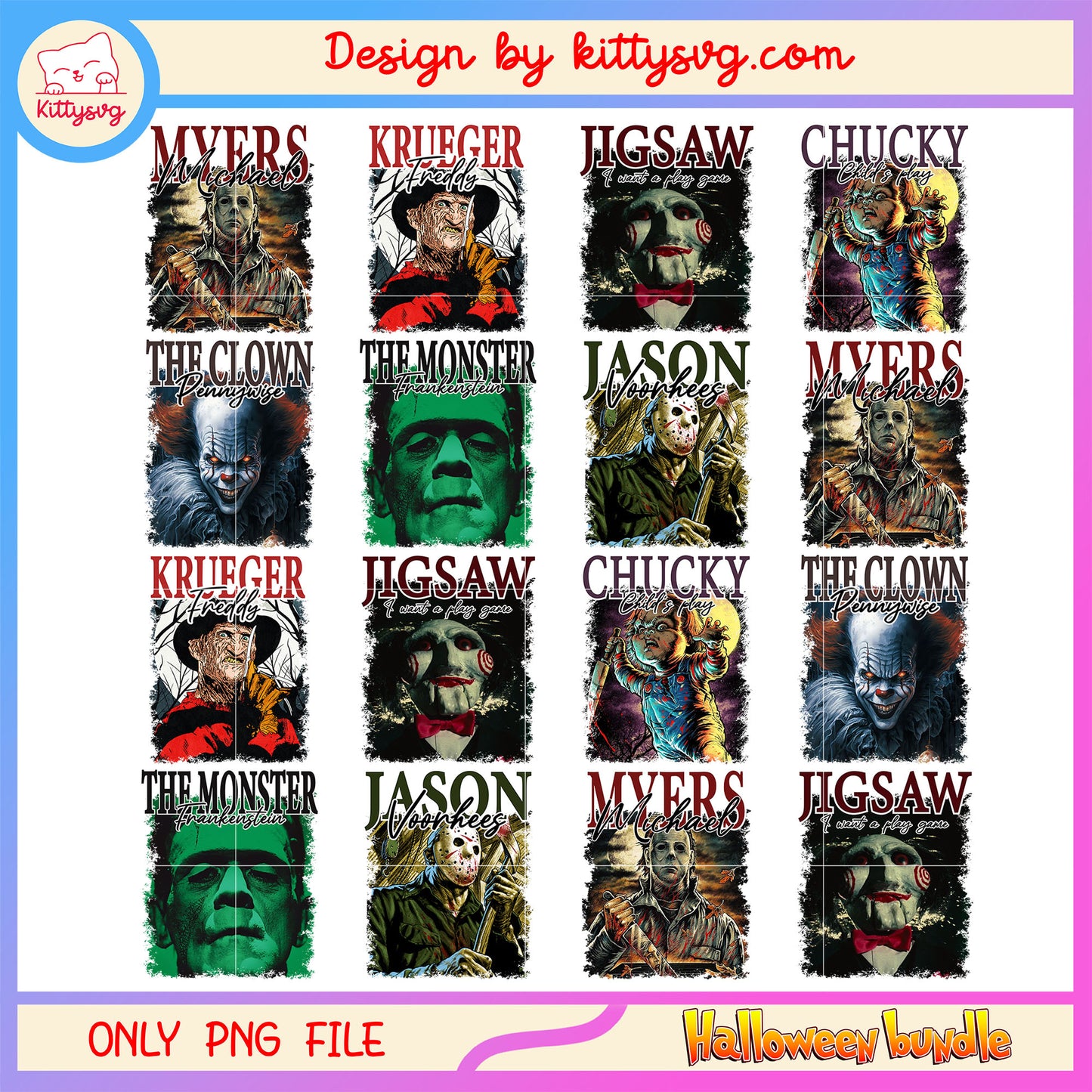 Horror characters name halloween design bundle png, halloween png