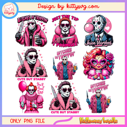 Horror characters pink halloween bundle png, horror characters​ png