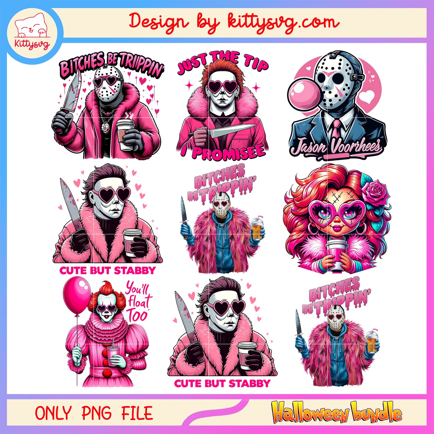 Horror characters pink halloween bundle png, horror characters​ png