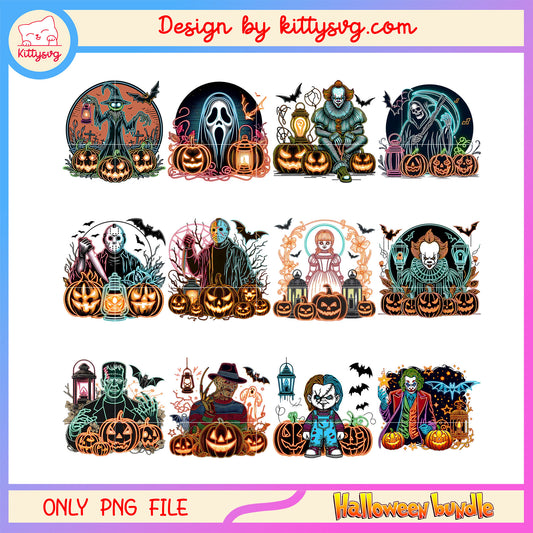 Horror characters pumpkin neon bundle png, halloween horror png