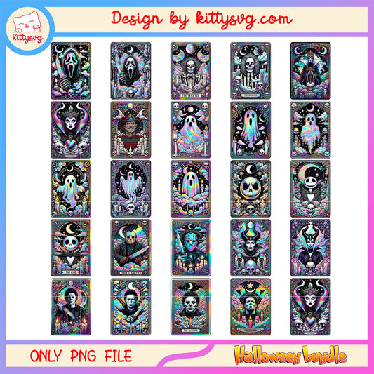 Horror characters tarot card design bundle png, horror halloween png