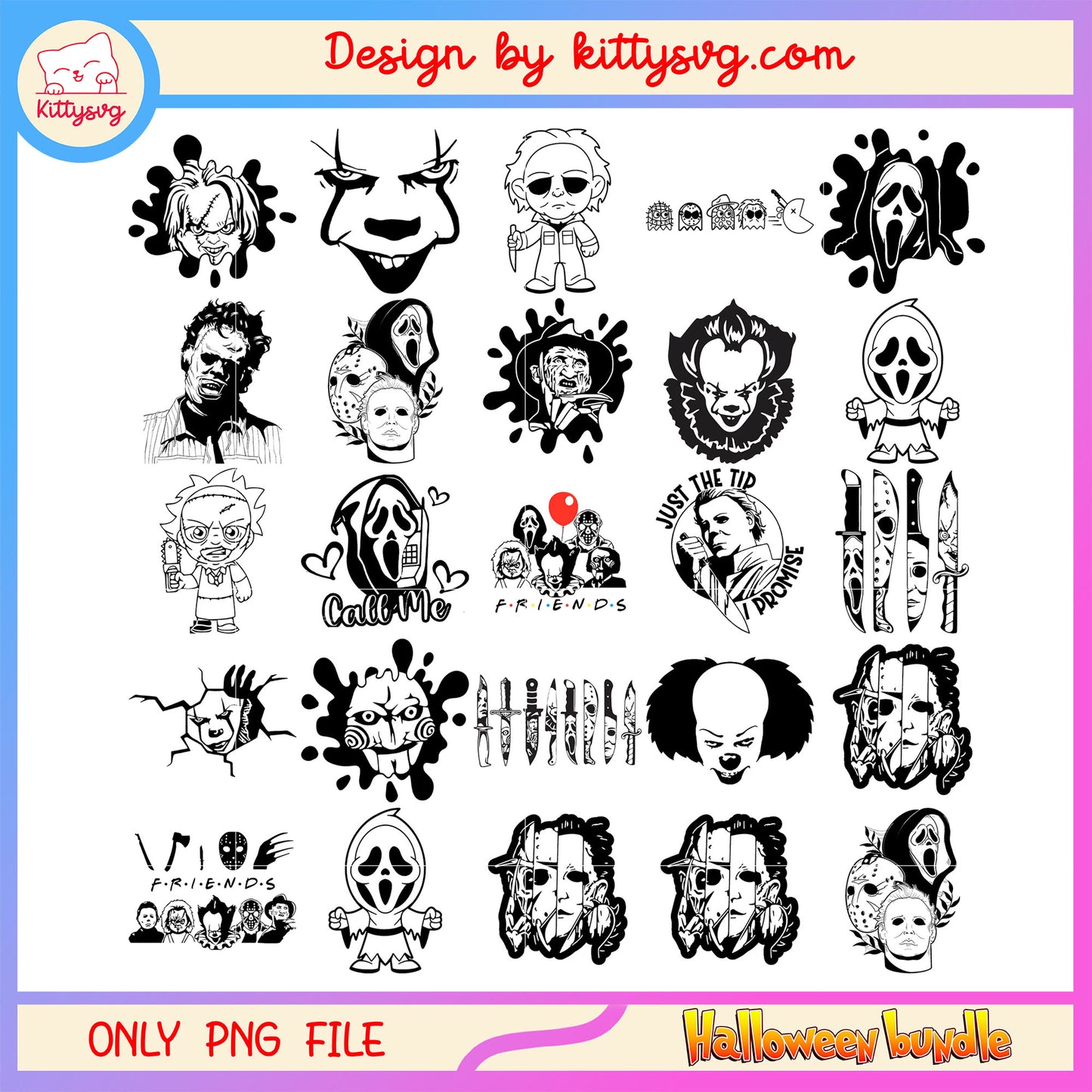 Horror face black and white halloween bundle png, halloween horror png