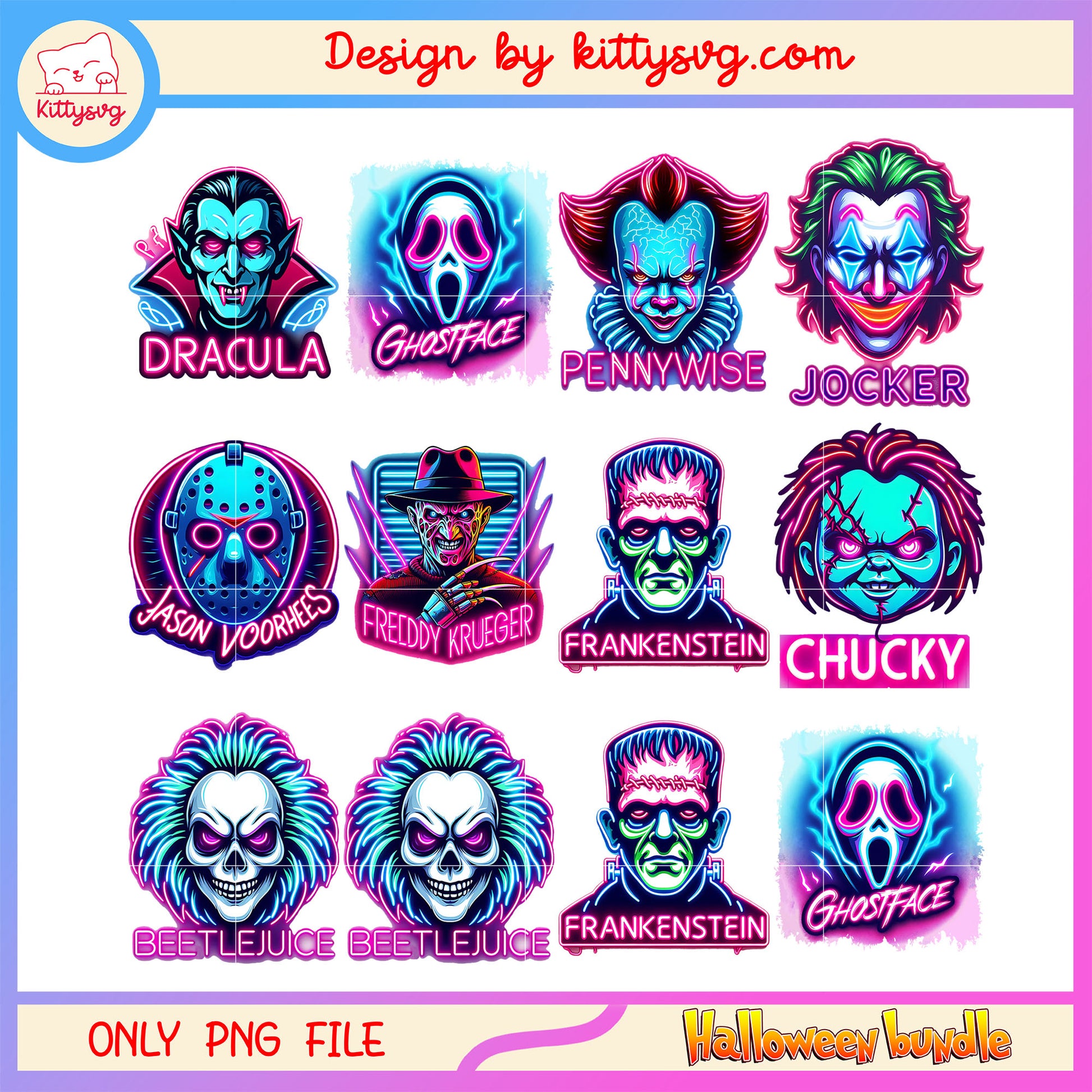 Horror face neon halloween bundle png, horror halloween png