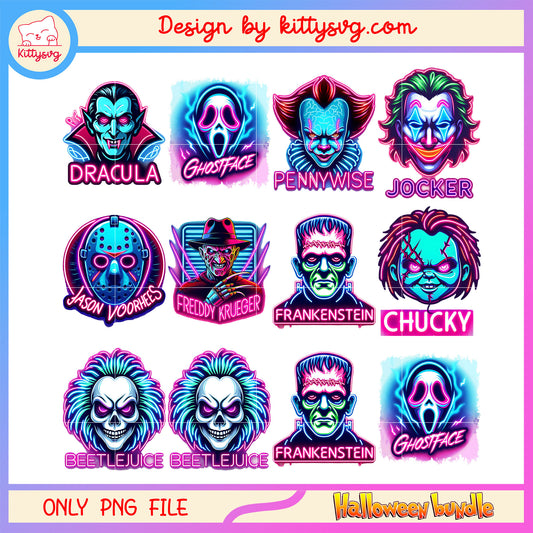 Horror face neon halloween bundle png, horror halloween png
