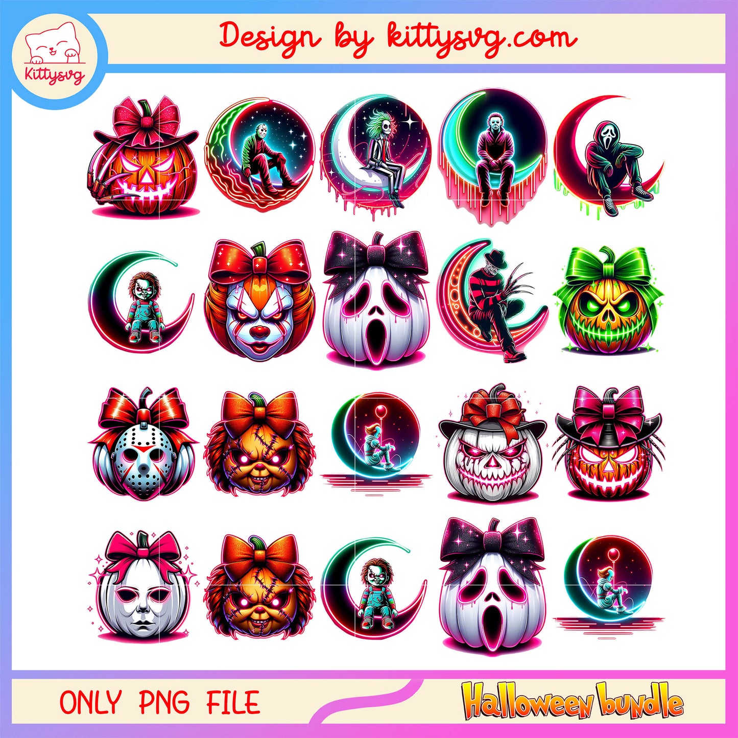 Horror face pumpkin halloween bundle png, horror characters png
