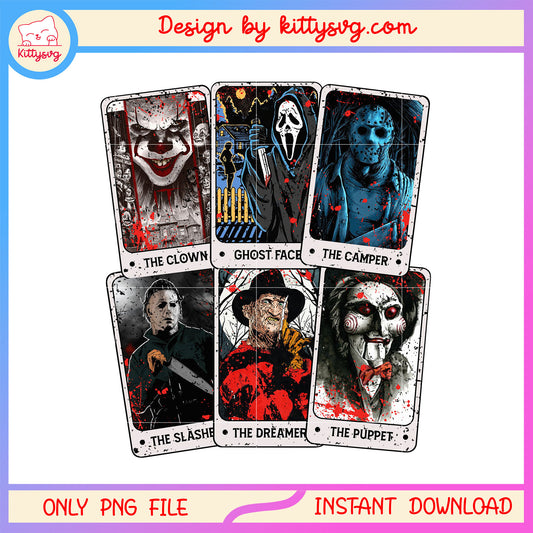 Horror halloween tarot cards design png, horror movies png