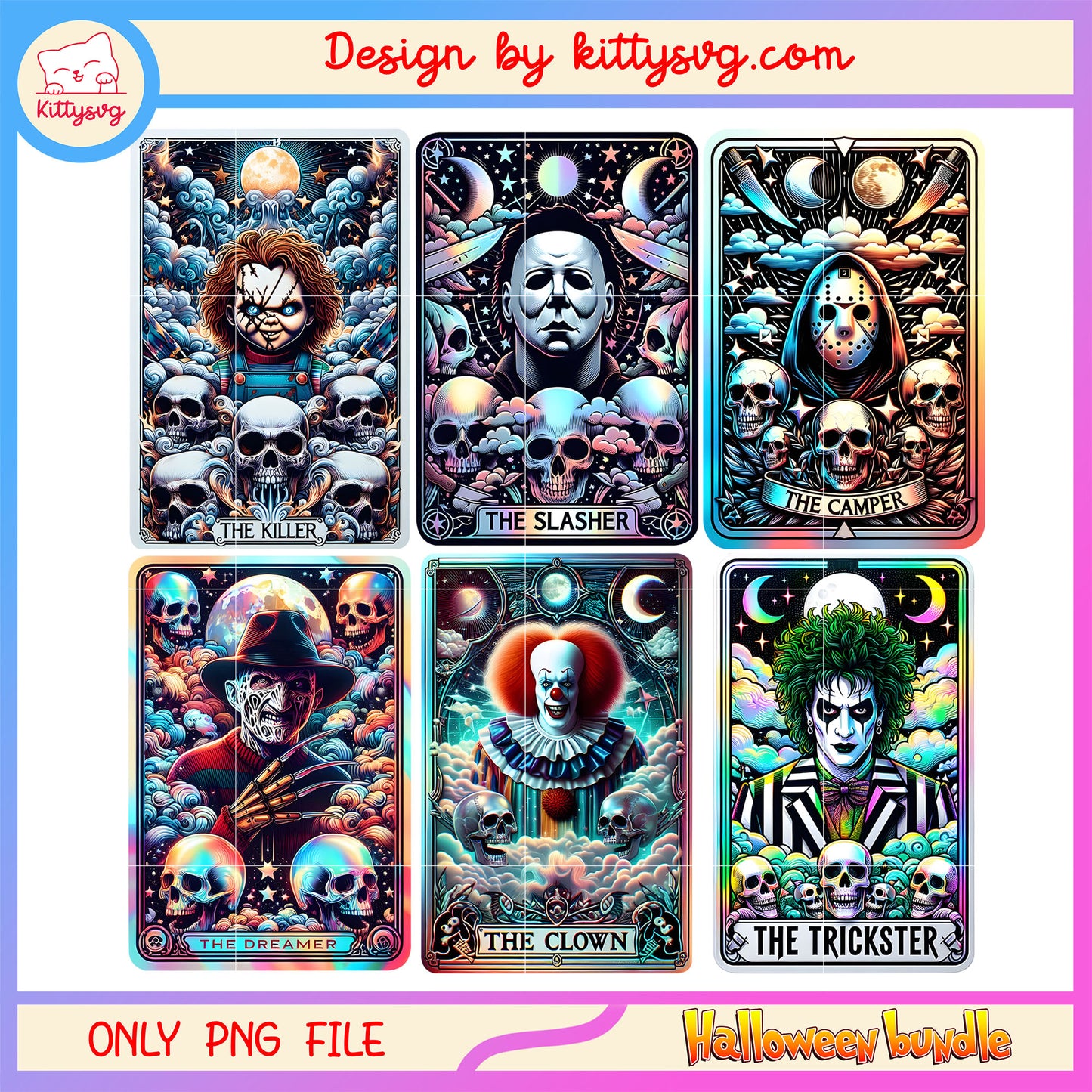 Horror movies tarot card design bundle png, horror character png