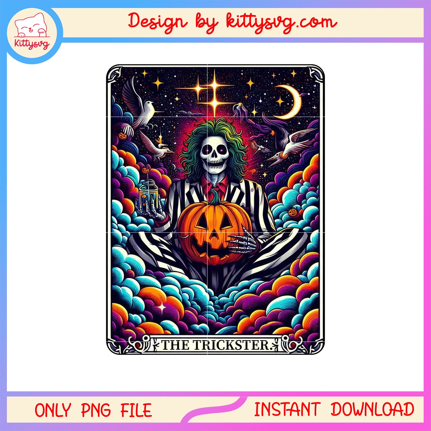 Horror skeleton on halloween tarot card png, pumpkin png