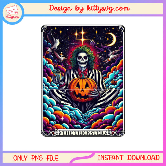 Horror skeleton on halloween tarot card png, pumpkin png
