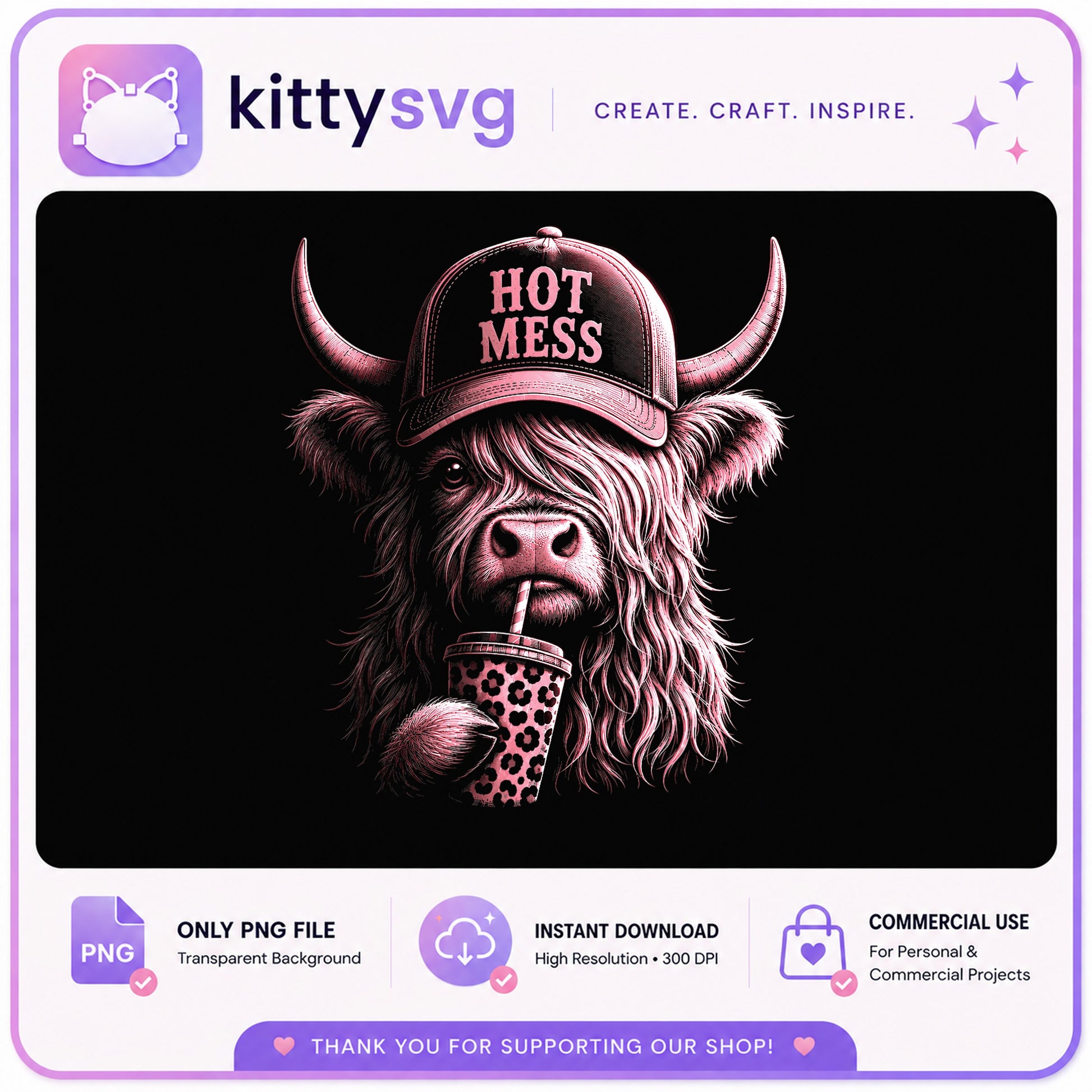 Hot Mess Highland Cow PNG, Funny Cow Trucker Hat, Western PNG