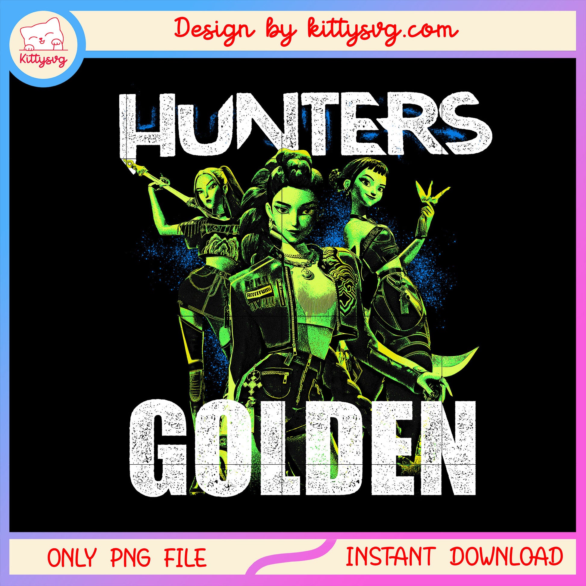 Hunters golden green color design png, huntrix movie png