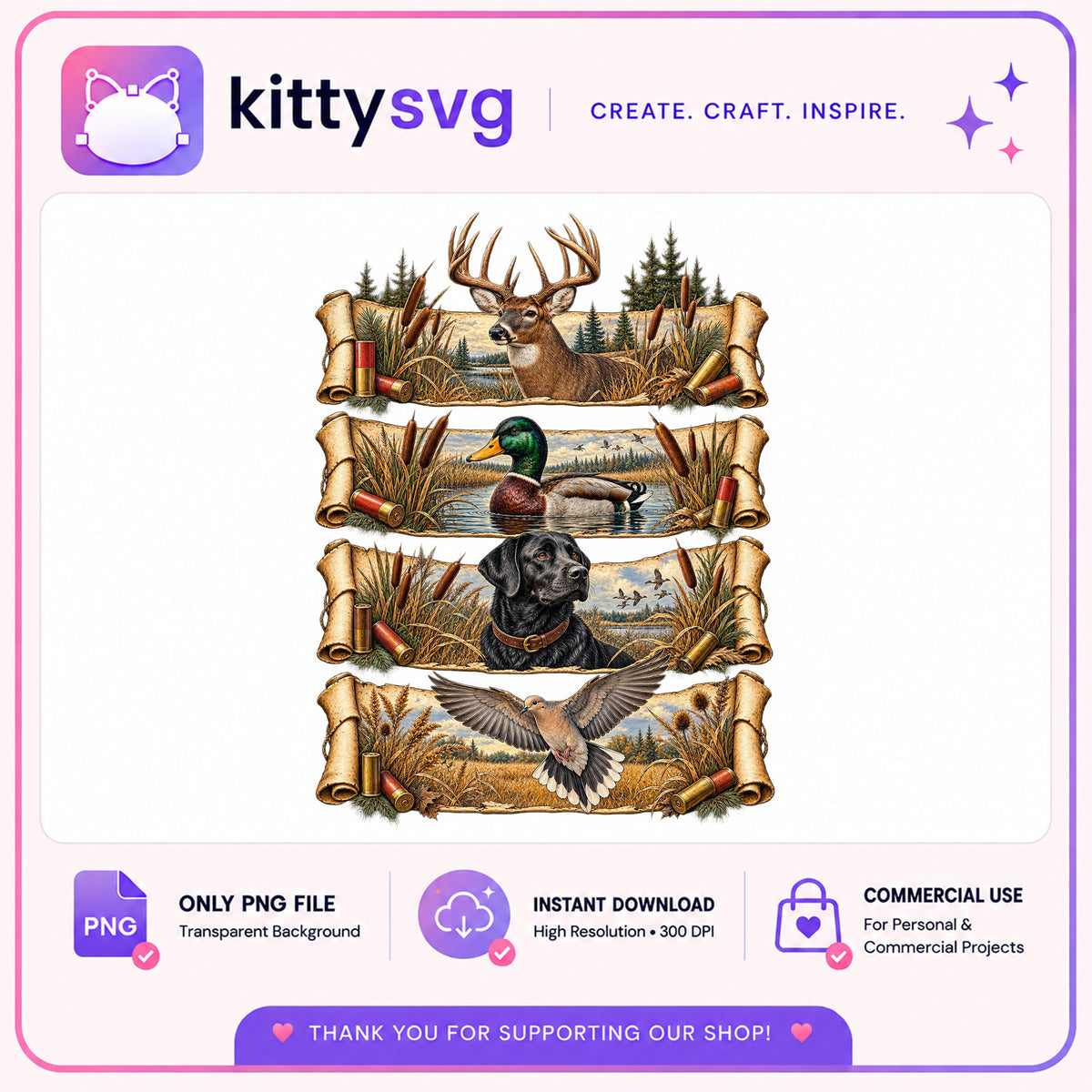 Hunting Bundle PNG, Deer Duck Dog Scroll Clipart, Hunter PNG