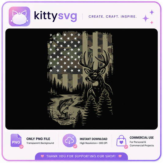 Hunting Fishing American Flag Camo PNG, Deer Buck PNG, Outdoor Hunter PNG