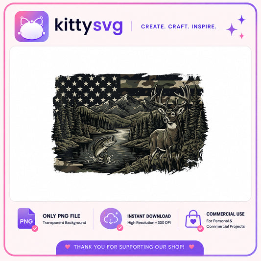 Hunting Fishing American Flag PNG, Deer Buck Camo PNG, Outdoors PNG