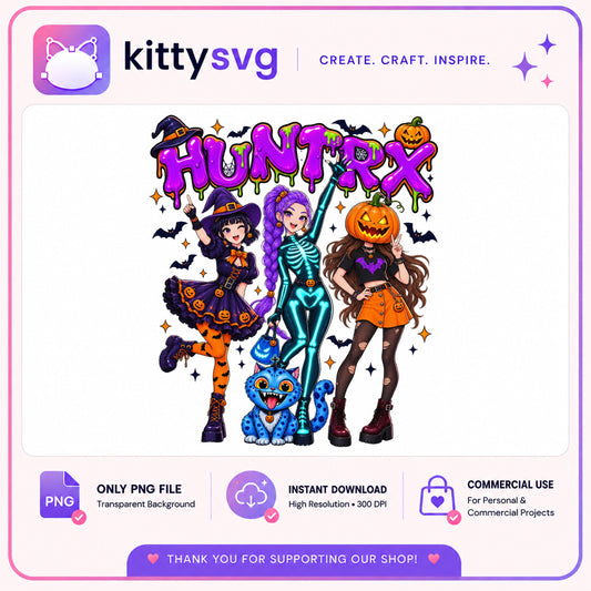 Huntrex Halloween Girls PNG, Witch Skeleton Pumpkin PNG, Halloween PNG
