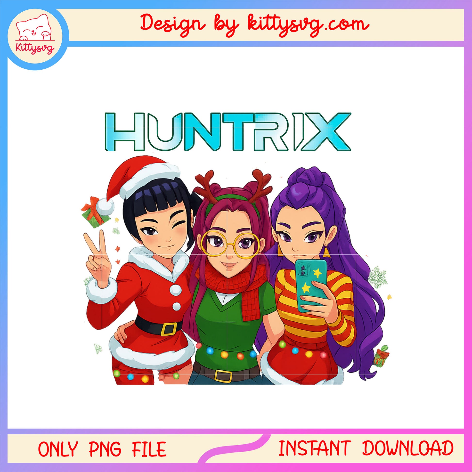 Huntrix band kpop christmas selfie png, christmas day png