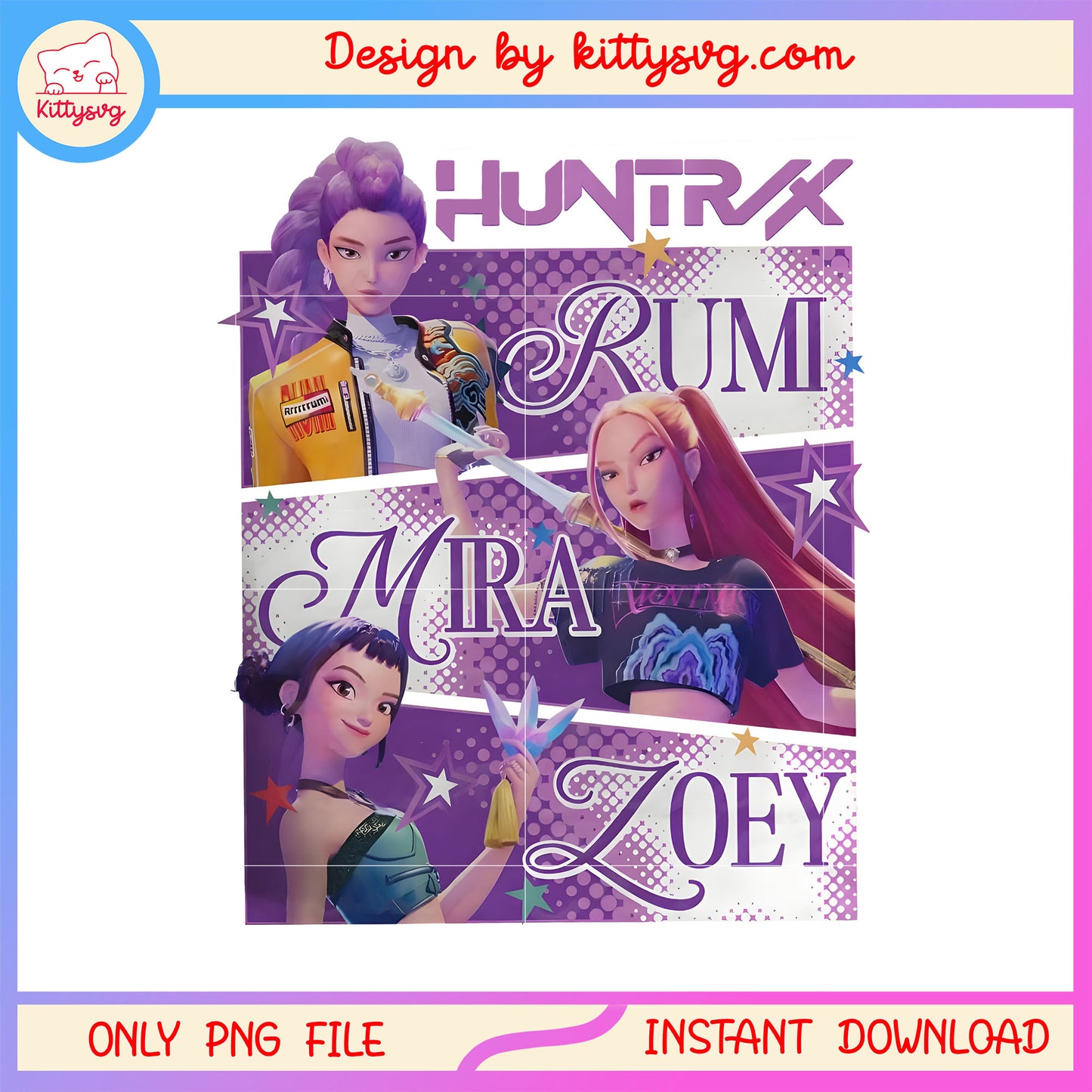 Huntrix band rumi mira zoey members png, huntrix movie png