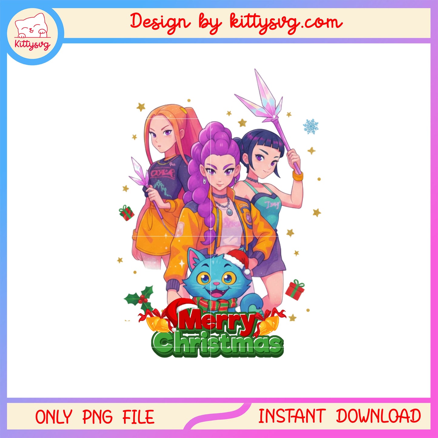 Huntrix cat kpop merry christmas png, demon hunters png