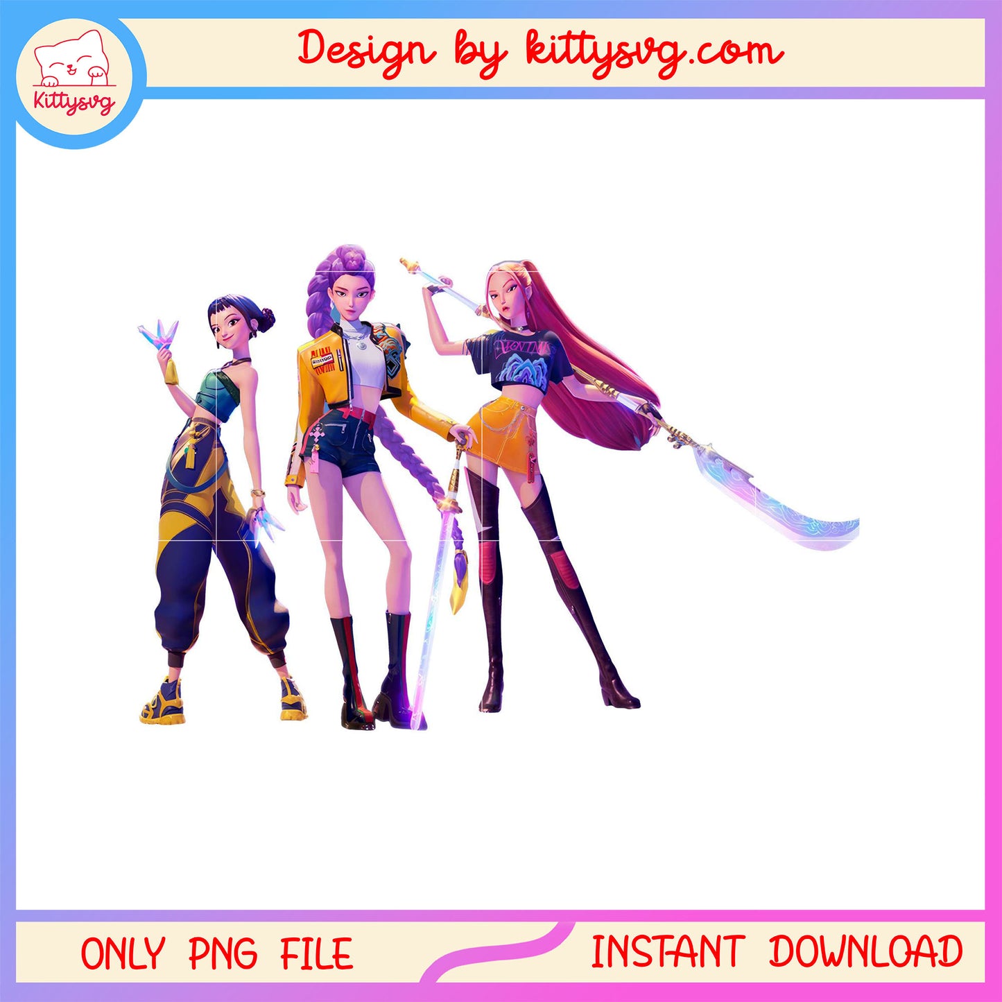 Huntrix girl band hunter form design png, huntrix demon hunter png