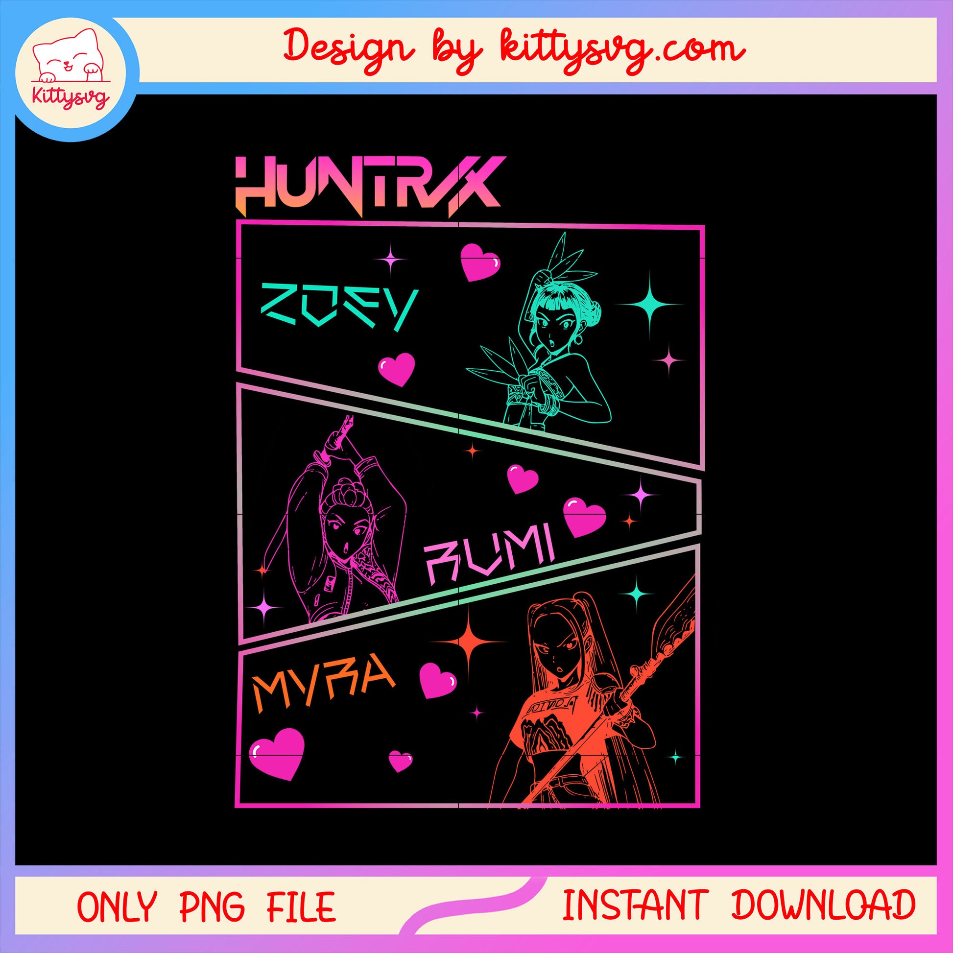 Huntrix girl band members color outline png, kpop team members png