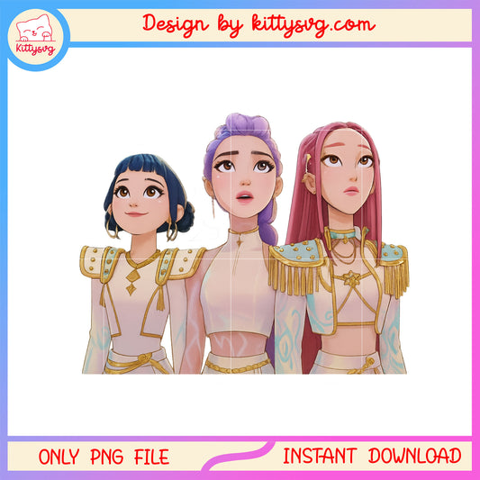 Huntrix girl group characters png, demon hunters png, rumi and friends png