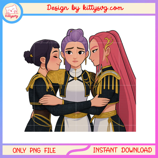 Huntrix girl team characters design png, rumi and friends png