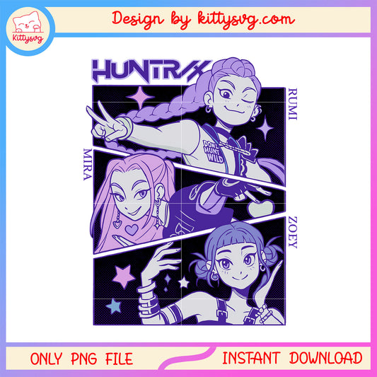 Huntrix girl team frame design png, rumi and friends png