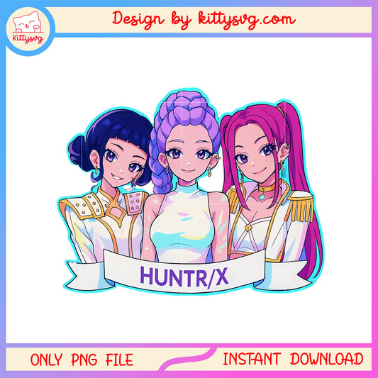 Huntrix girl team neon characters design png, rumi and friends png