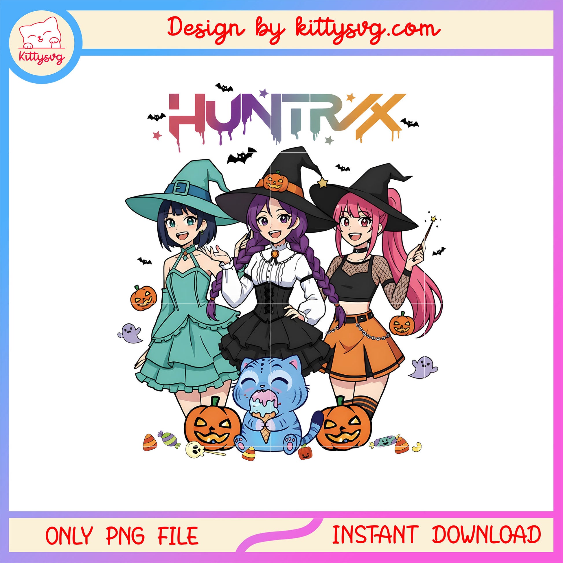 Huntrix happy for halloween design png, kpop demon hunters girls png