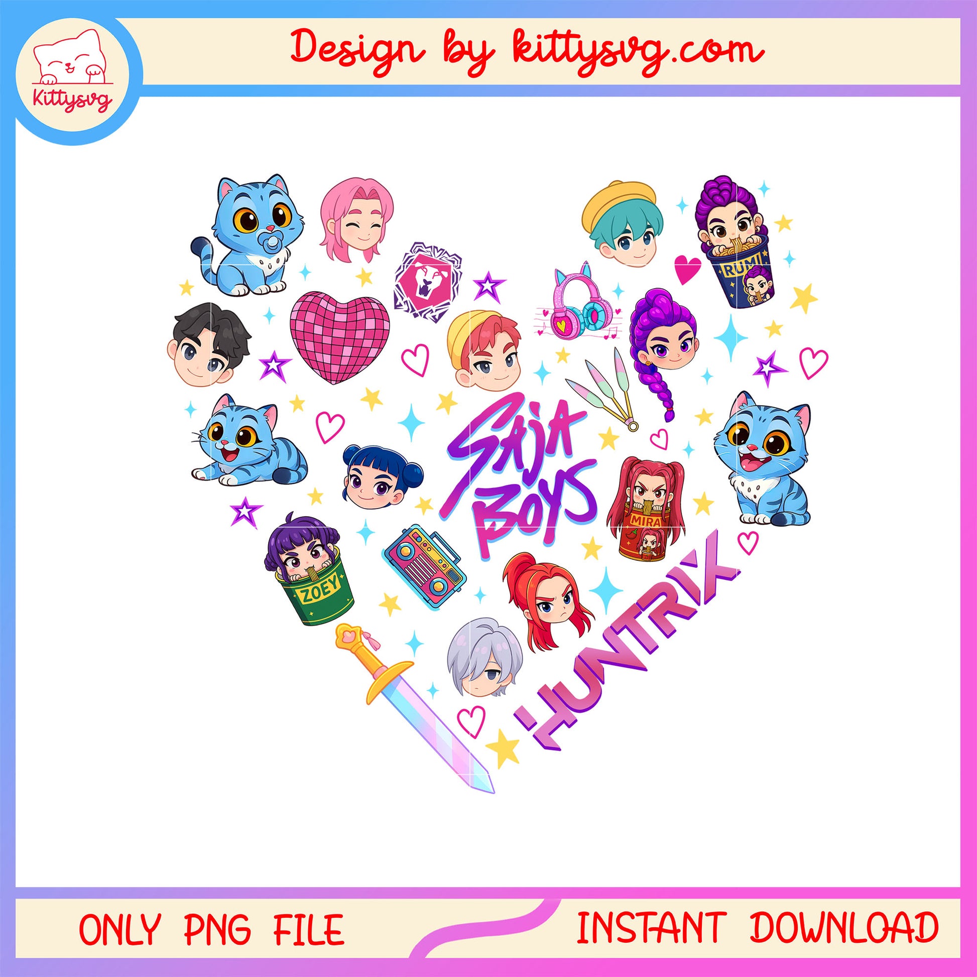 Huntrix kpop demon hunters design png, group of kpop png