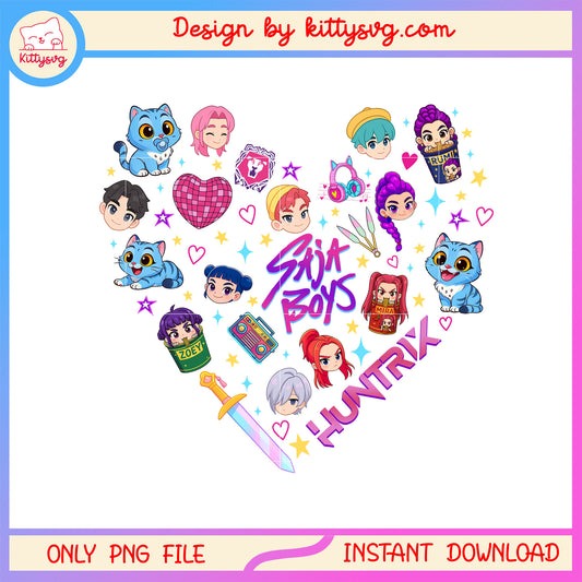 Huntrix kpop demon hunters design png, group of kpop png