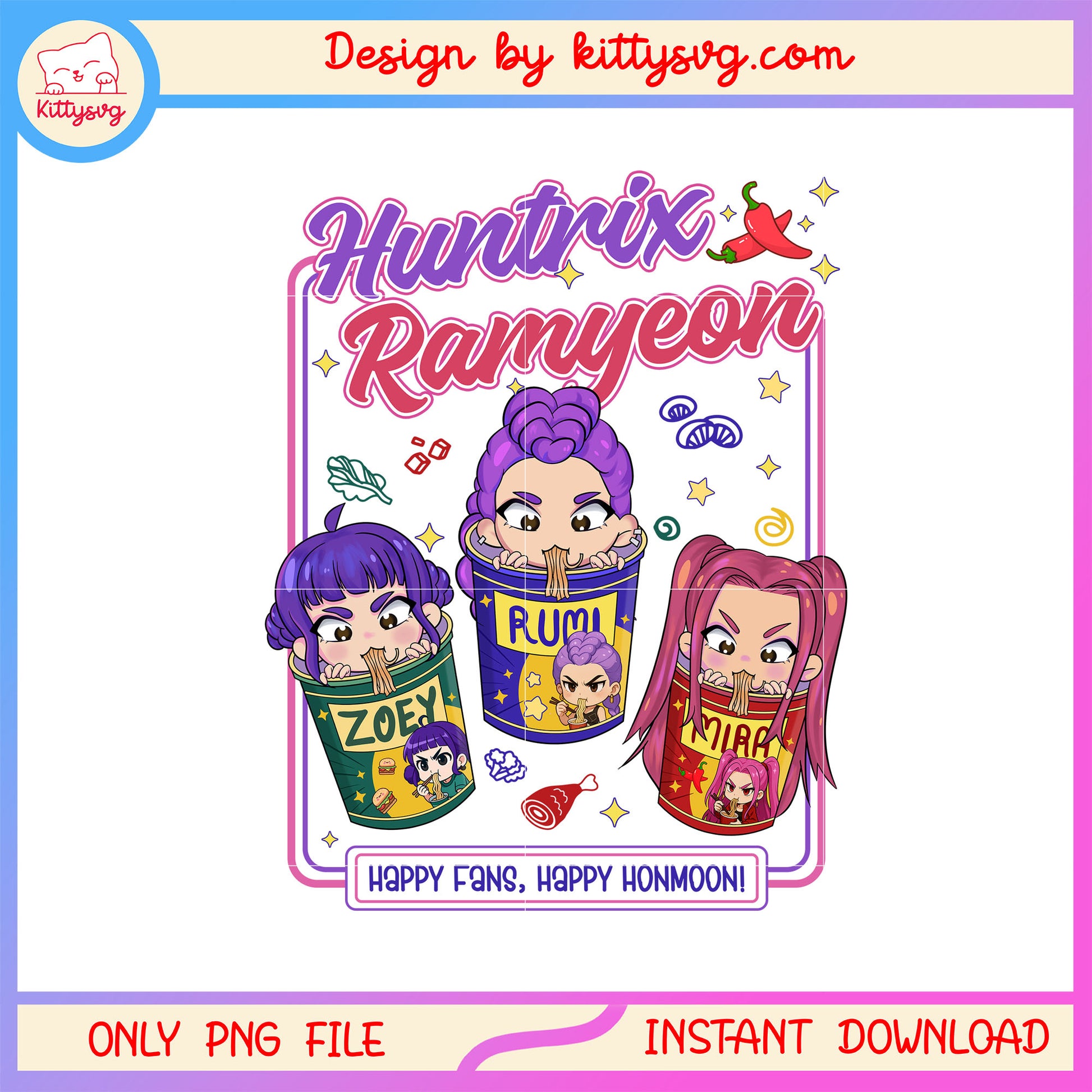 Huntrix kpop demon hunters ramyeon png, the huntrix team png