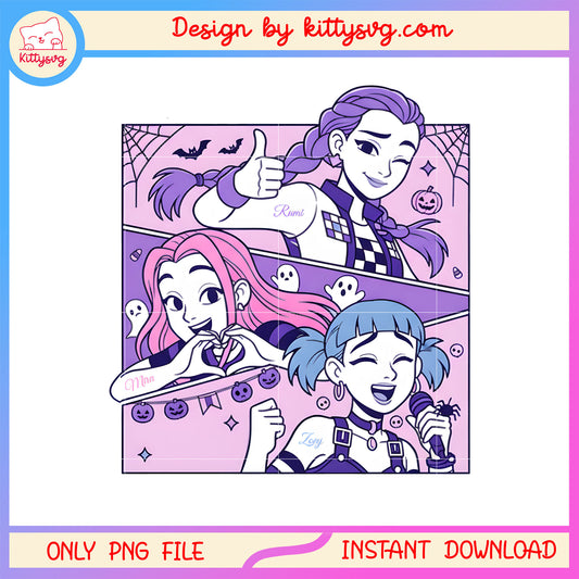 Huntrix kpop hunters halloween cartoon design png, huntrix merch png