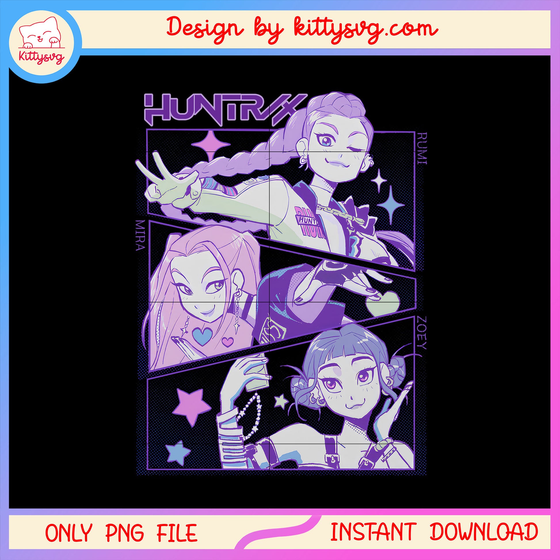 Huntrix kpop manga design png, kpop merch png, huntrix manga png