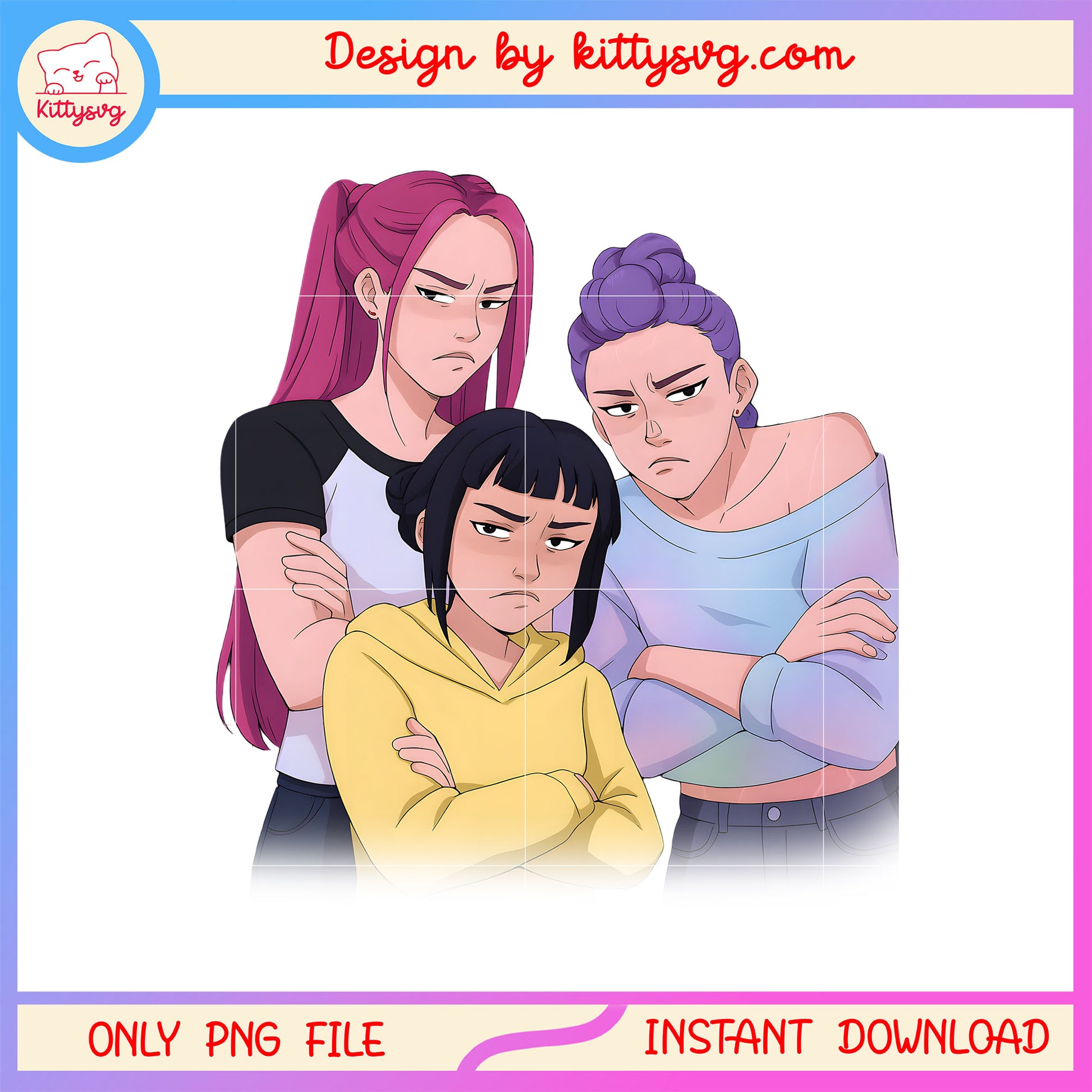 Huntrix members angry face png, kpop demon hunters kpop group png