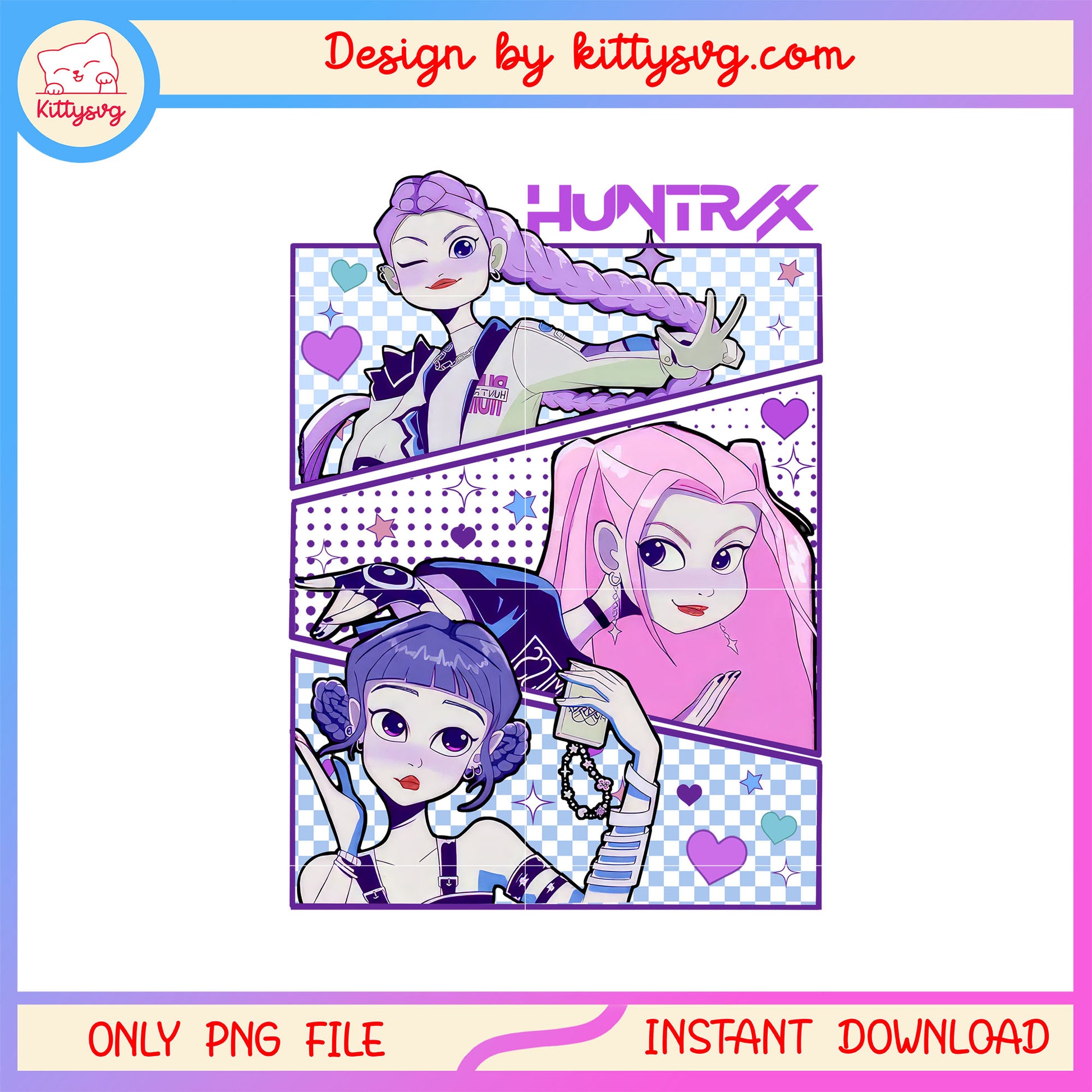 Huntrix members cartoon design png, kpop idols png