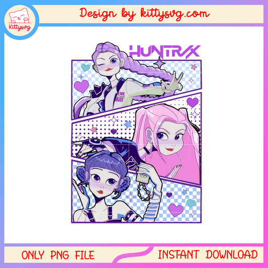 Huntrix members cartoon design png, kpop idols png