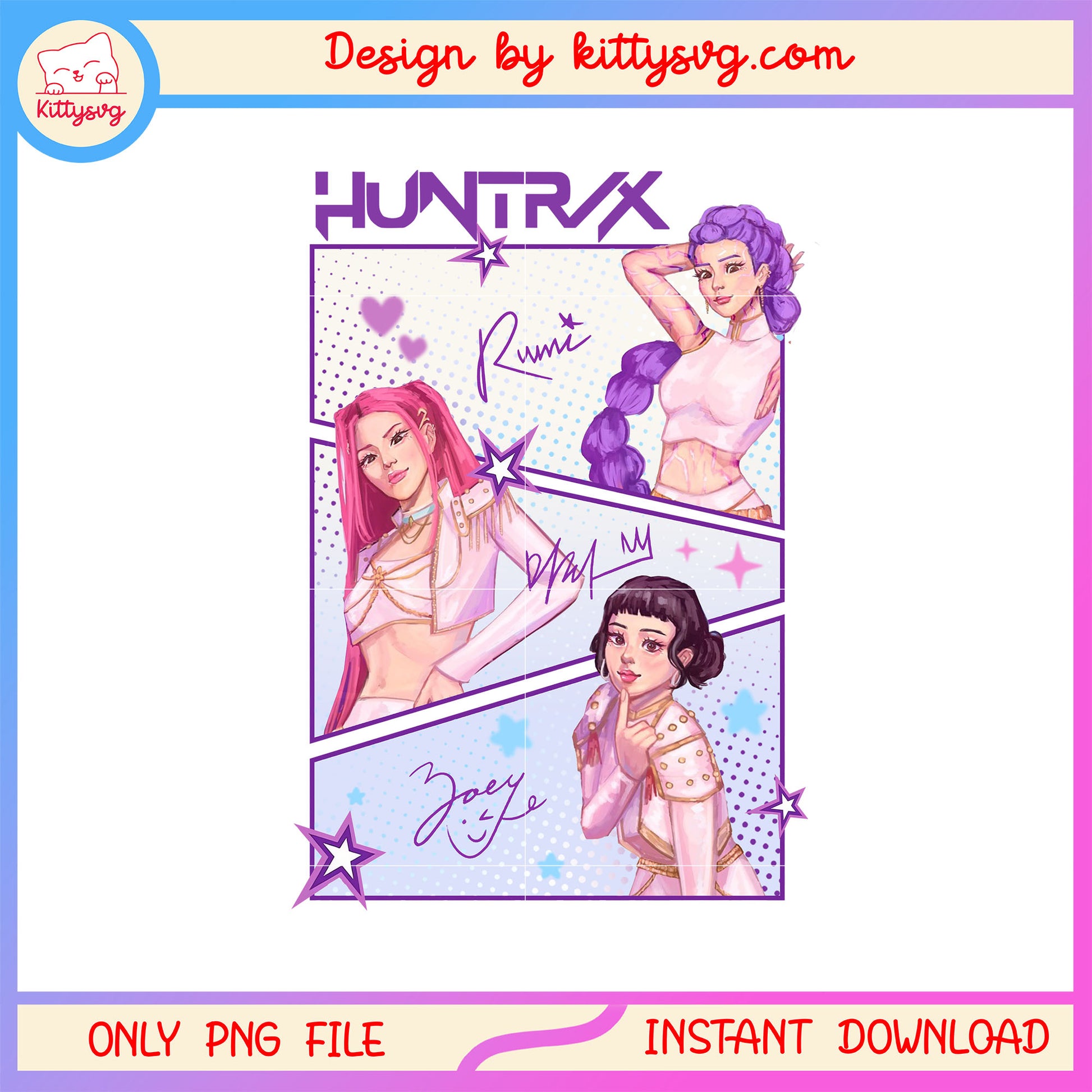 Huntrix members  manga design png, kpop merch png