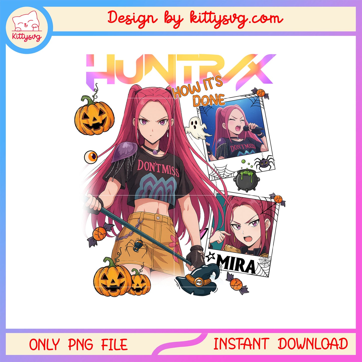 Huntrix mira happy halloween design png, horror halloween png