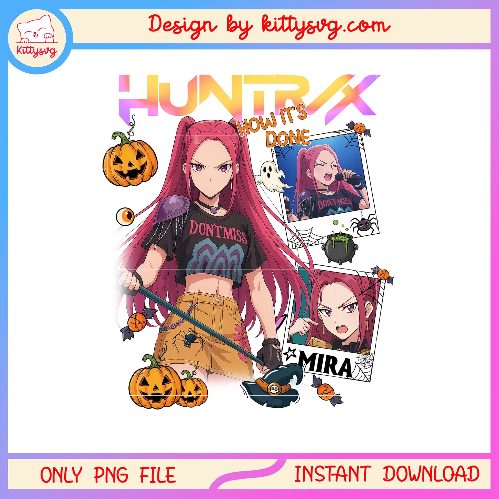 Huntrix mira happy halloween design png, horror halloween png