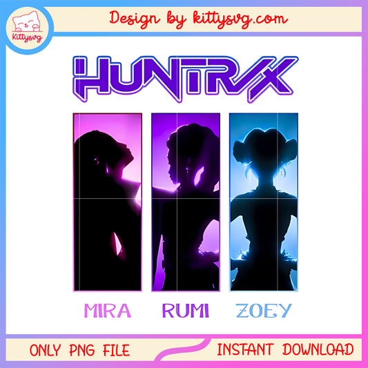 Huntrix mira rumi zoey design png, demon hunters characters png