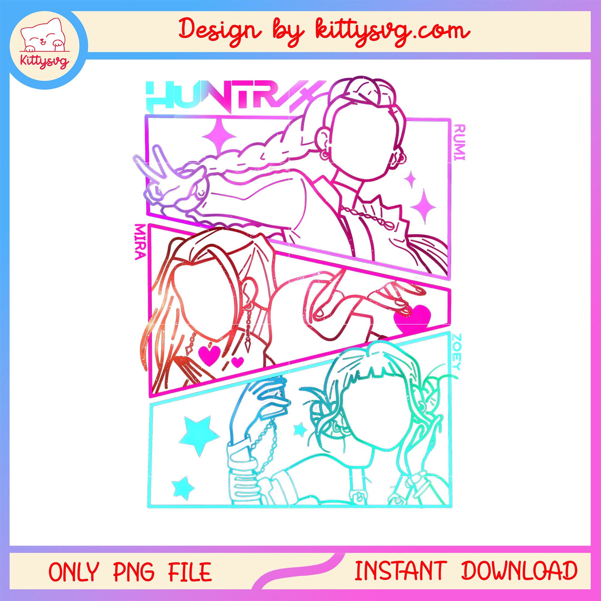 Huntrix outline colorful design png, kpop huntrix png, anime png