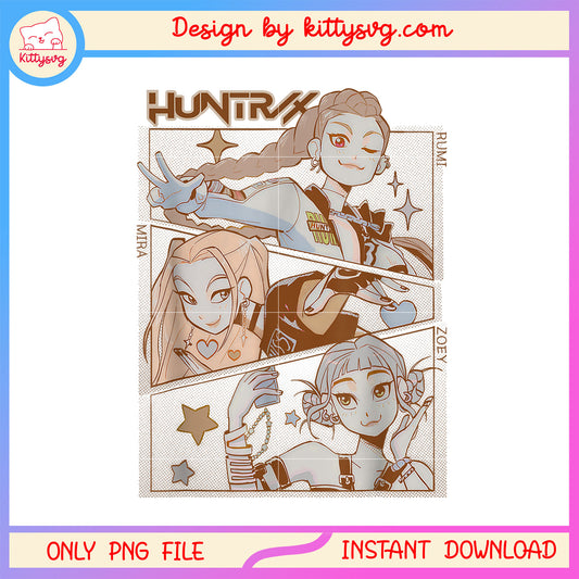 Huntrix rumi mira and zoey design png, demon hunters png 