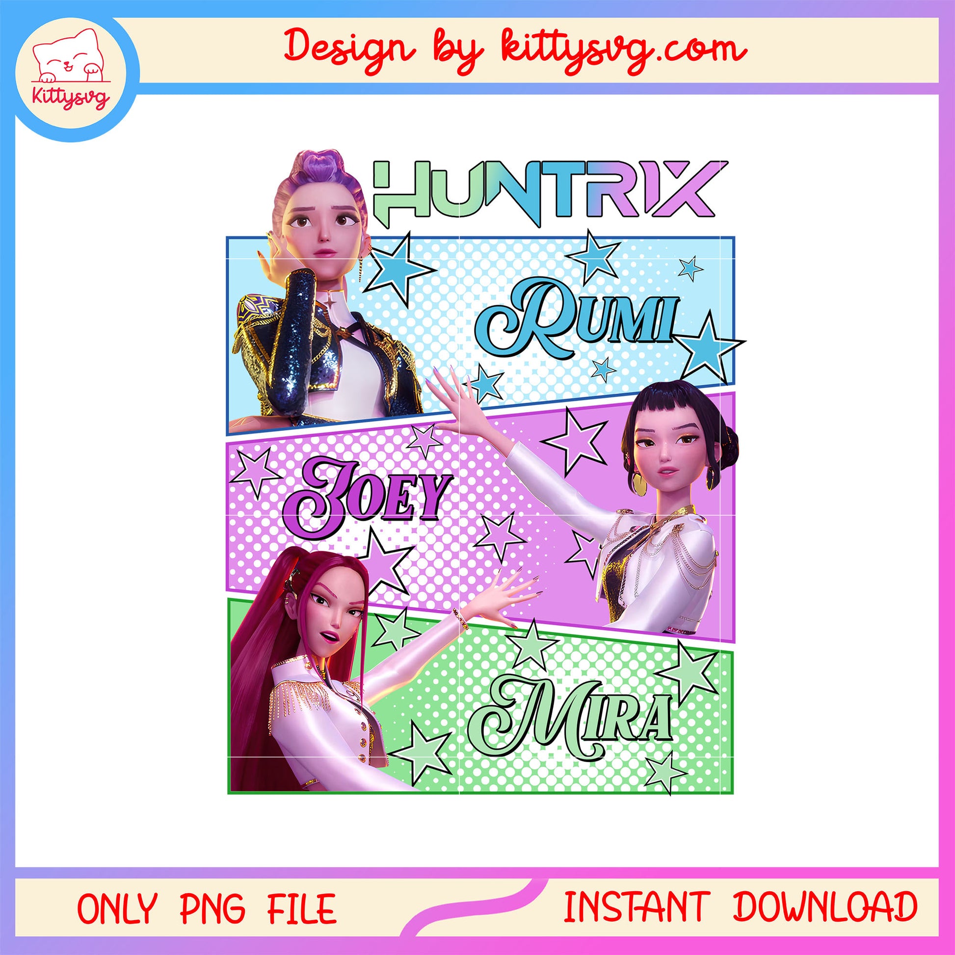 Huntrix rumi mira and zoey design png, huntrix band cast png