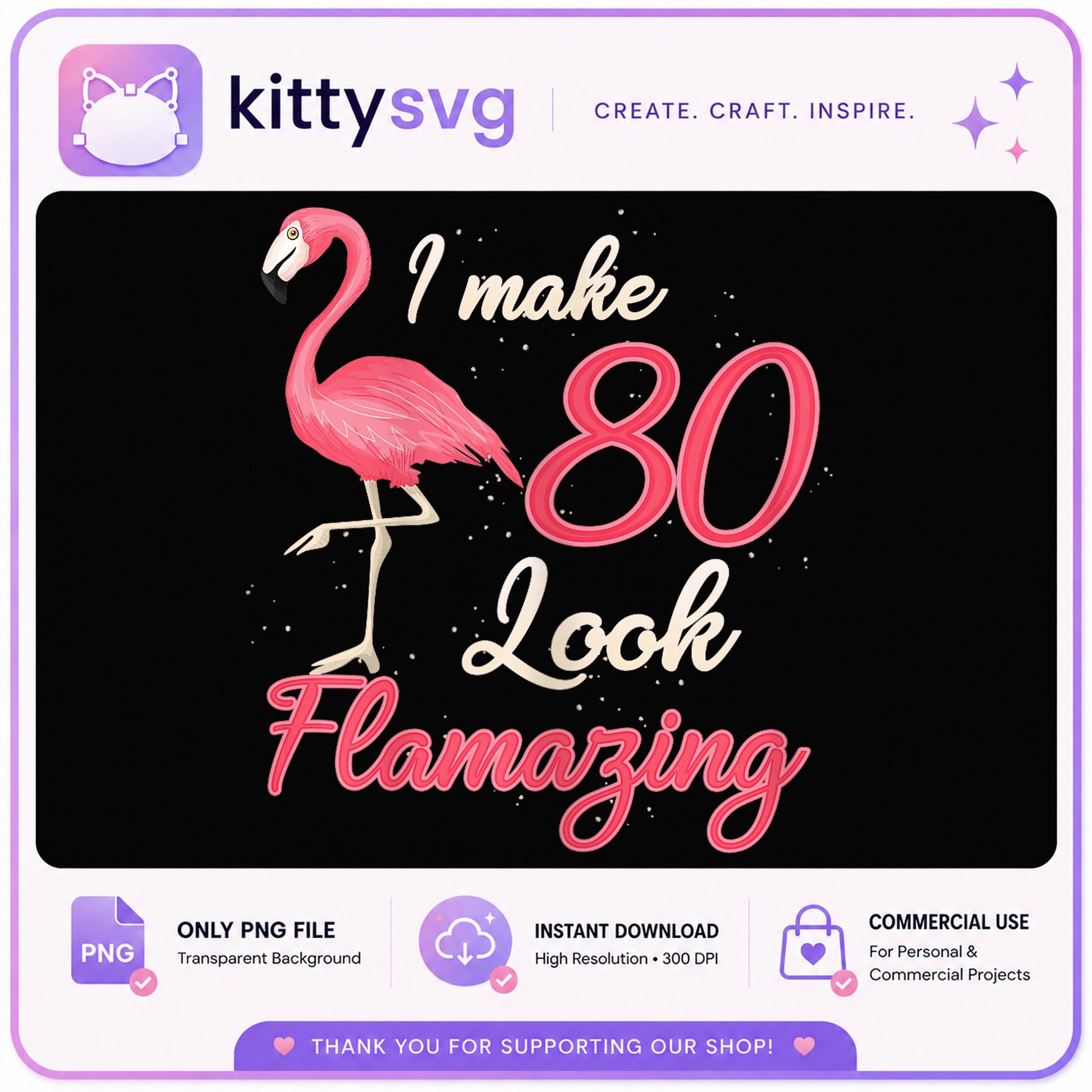 I Make 80 Look Flamazing PNG, Flamingo Birthday, 80th Birthday PNG