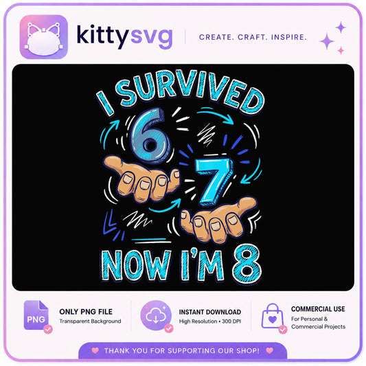 I Survived 6 7 Now I'm 8 PNG, 8th Birthday PNG, Kids Birthday PNG