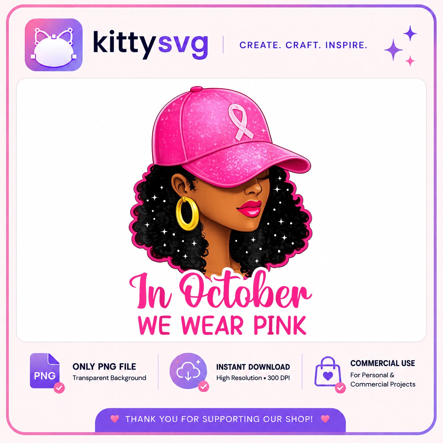In October We Wear Pink PNG, Breast Cancer Awareness PNG, Black Woman PNG