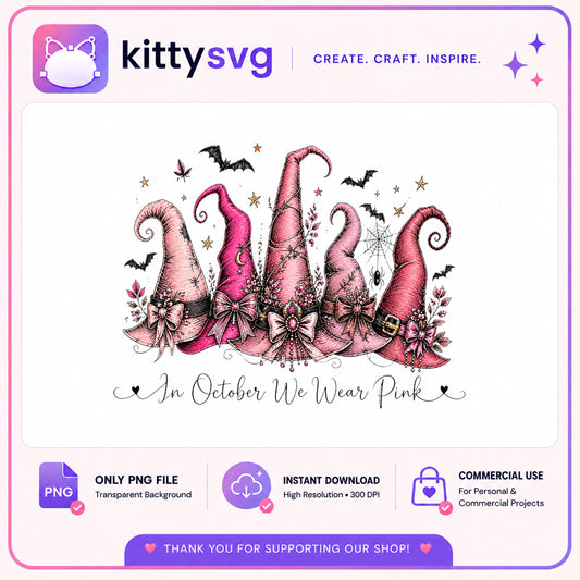 In October We Wear Pink PNG, Witch Hat Halloween PNG, Breast Cancer PNG