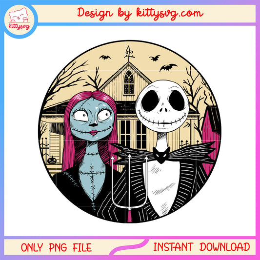 Jack and Sally skellington retro house png, nightmare before christmas png