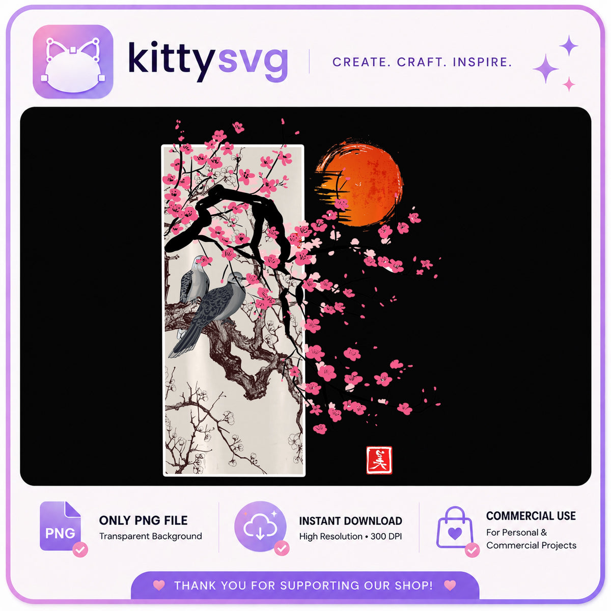 Japanese Cherry Blossom Birds PNG, Sakura Sun Art, Asian PNG